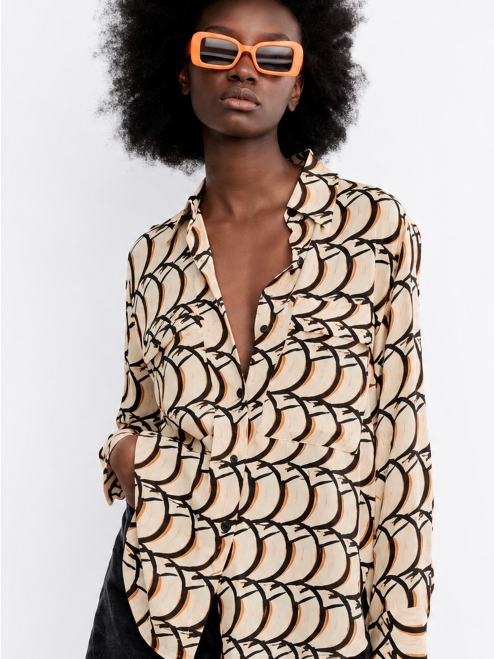 Zara Cream, Black & Tan Abstract Print Blouse